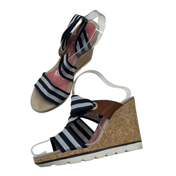 Skechers Womens Size 9 Navy Stripe Cork Platform Wedge Sandals Elastic Straps - Picture 2 of 9
